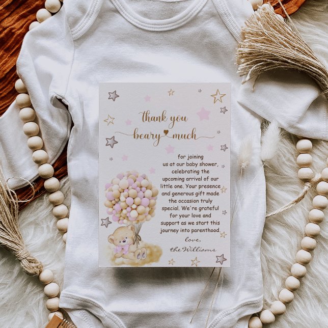 Teddy Bear Holding Pink Balloons Baby Shower Thank You Card (Creator Uploaded)