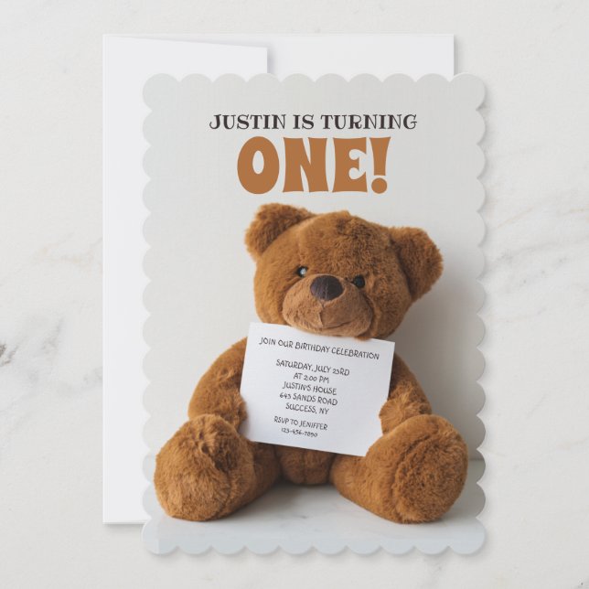 Teddy Bear Holding Sign Invitation (Front)