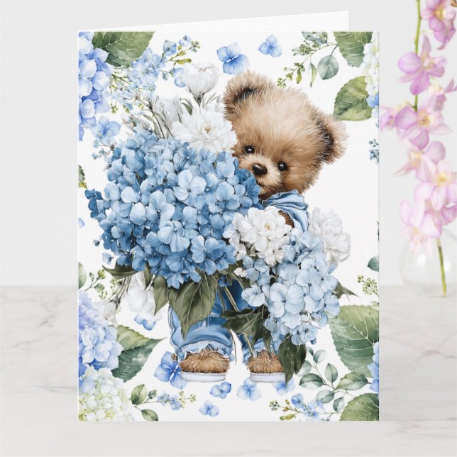 Teddy Bear Holds Hydrangea Flowers Card (Orchid)