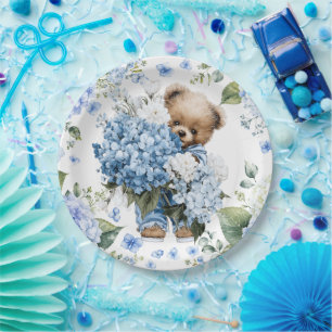 Teddy Bear Holds Hydrangea Flowers Paper Plates