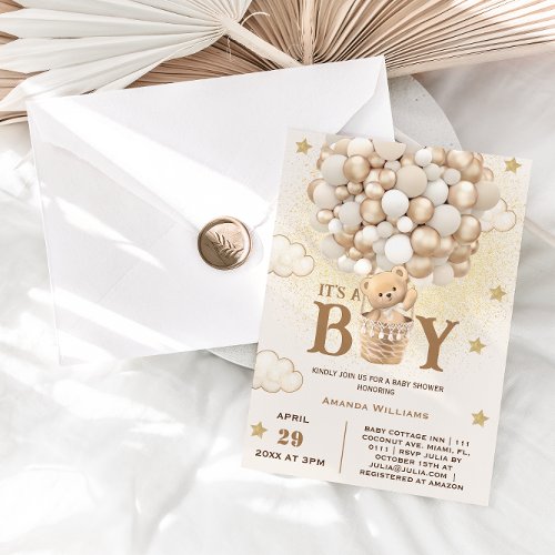 Teddy Bear Hot Air Balloon Baby Boy Shower Boho Invitation