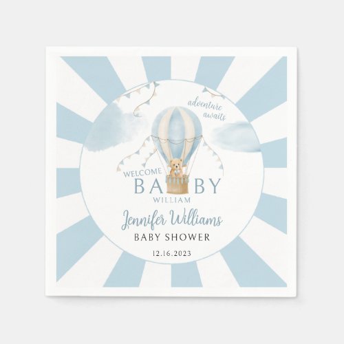 Teddy bear hot air balloon baby boy shower napkins