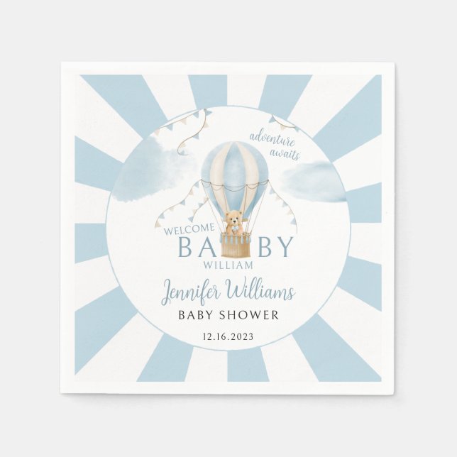 Teddy bear hot air balloon baby boy shower napkins (Front)
