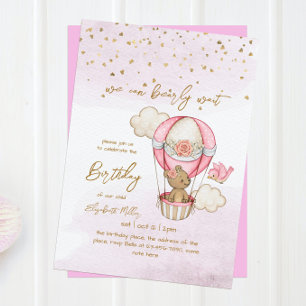 Teddy Bear Hot Air Balloon Baby Girl 1st Birthday Invitation