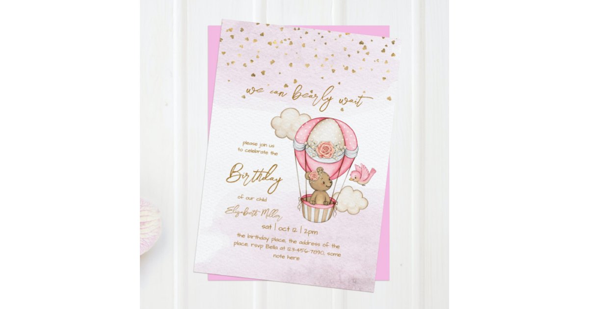 Teddy Bear Hot Air Balloon Baby Girl 1st Birthday Invitation | Zazzle