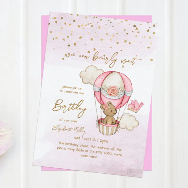 Teddy Bear Hot Air Balloon Baby Girl 1st Birthday Invitation | Zazzle