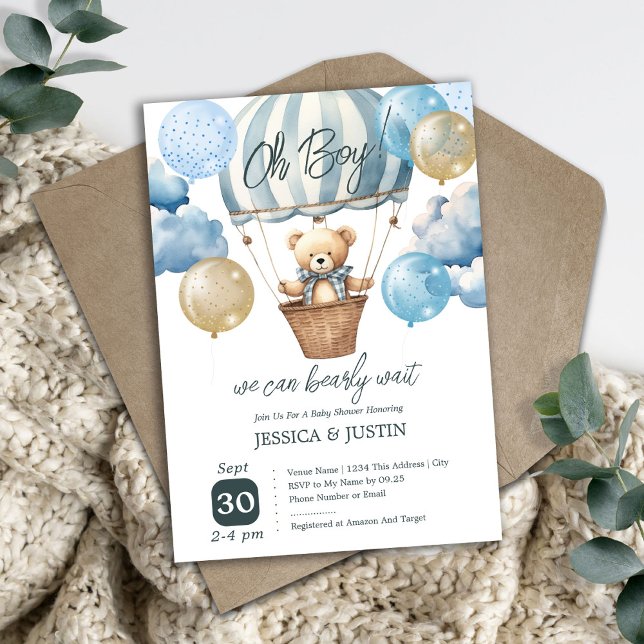 Teddy Bear Hot Air Balloon Baby Shower Invitation (Creator Uploaded)