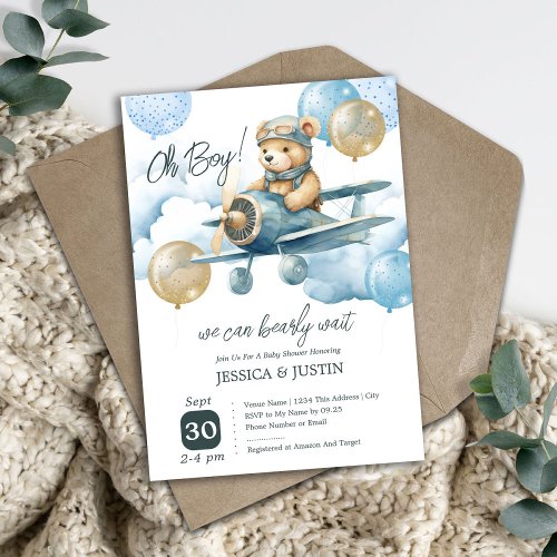 Teddy Bear Hot Air Balloon Baby Shower Invitation