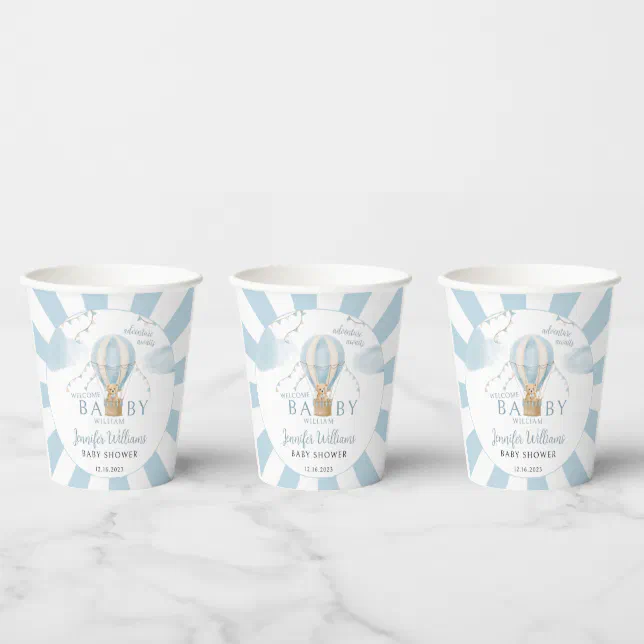 Teddy bear hot air balloon baby shower paper cups | Zazzle