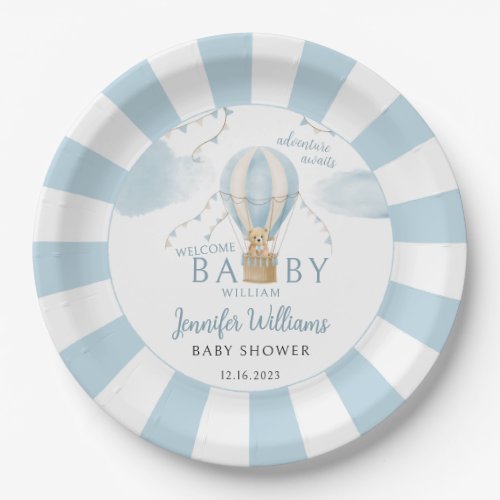 Teddy bear hot air balloon baby shower paper plate