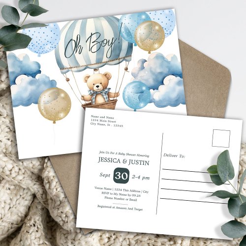 Teddy Bear Hot Air Balloon Baby Shower Postcard