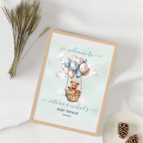 Teddy Bear Hot Air Balloon Baby Shower Welcome Poster