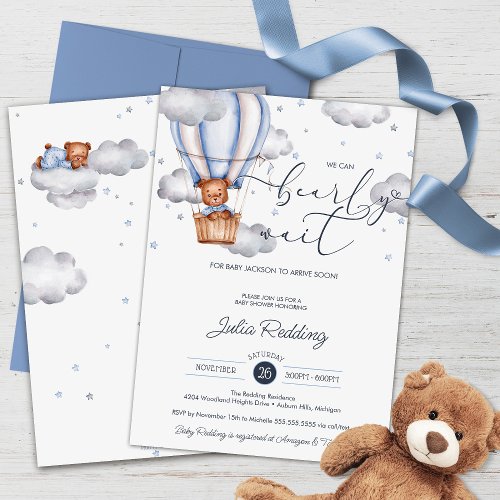 Teddy Bear Hot Air Balloon Bearly Wait Baby Shower Invitation