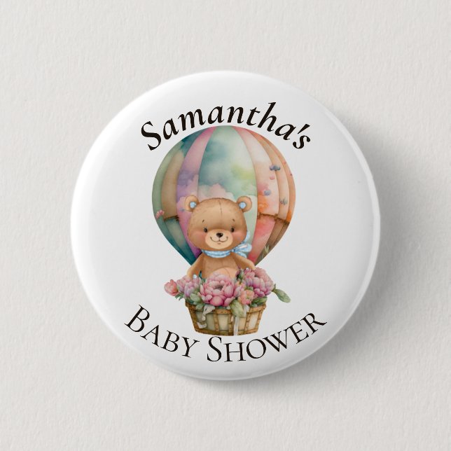 Teddy Bear Hot Air Balloon Blue Baby Shower Button (Front)