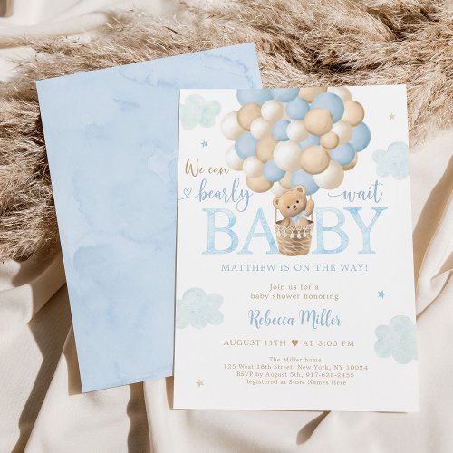 Teddy Bear Hot Air Balloon Blue Boy Baby Shower Invitation