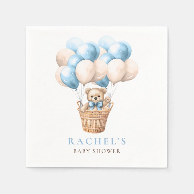 Teddy Bear Hot Air Balloon Blue Boy Baby Shower Napkins (Front)