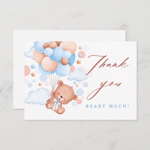 Teddy Bear Hot Air Balloon Blue Boy Flat Thank You Card