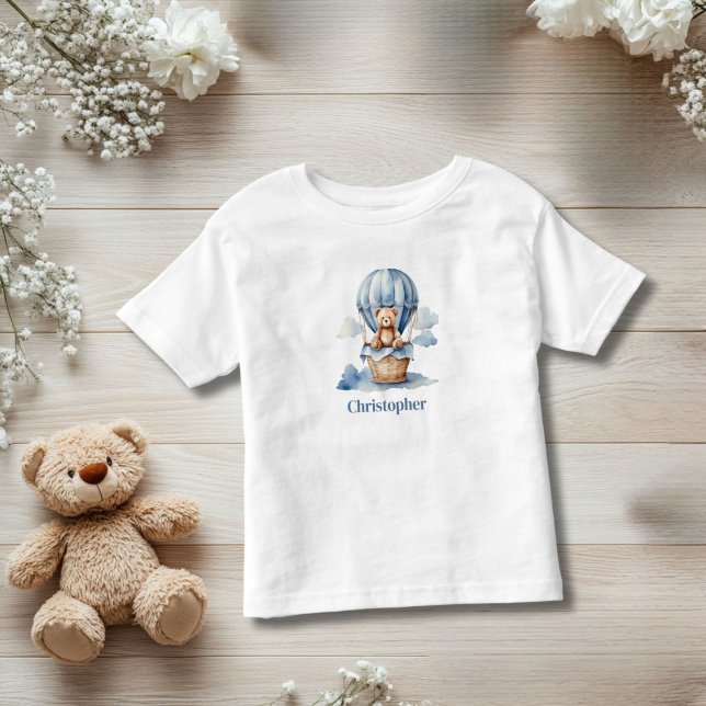 Teddy Bear Hot Air Balloon Blue Boy Personalized Toddler T-shirt (Teddy Bear Hot Air Balloon, blue baby toddler boy personalized T-shirt. New baby gift Baby shower)