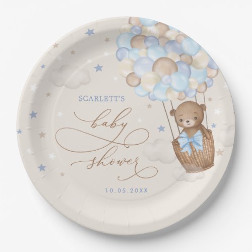 Teddy Bear Hot Air Balloon Blue Brown Baby Shower Paper Plates