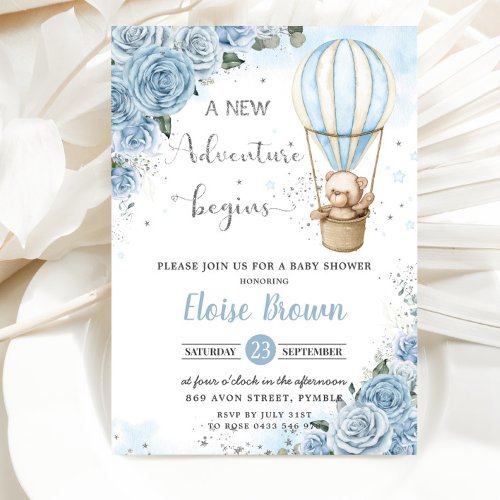 Teddy Bear Hot Air Balloon Blue Floral Baby Shower Invitation