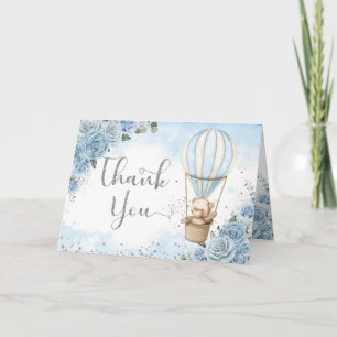 Teddy Bear Hot Air Balloon Blue Floral Baby Shower Letterpress Thank You Card
