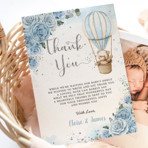 Teddy Bear Hot Air Balloon Blue Floral Baby Shower Thank You Card