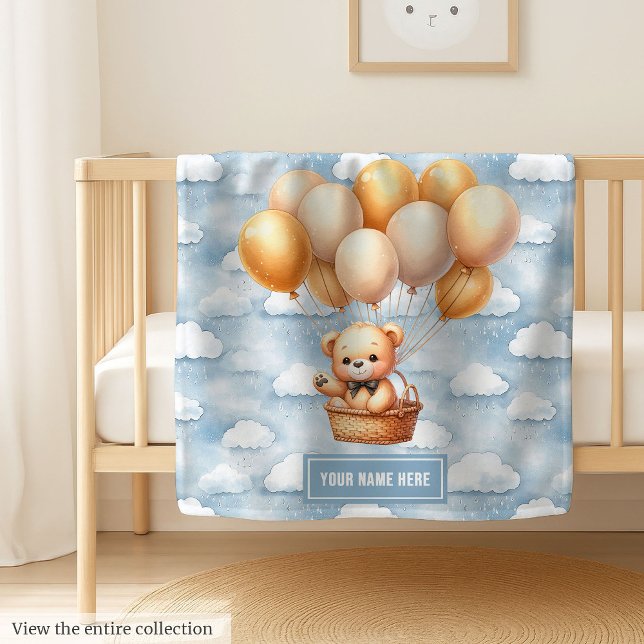 Teddy bear hot air balloon blue gold baby shower baby blanket (Teddy bear hot air balloon blue gold baby shower baby blanket)