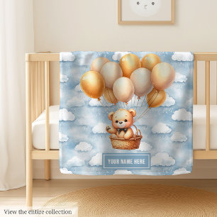 Teddy bear hot air balloon blue gold baby shower blanket