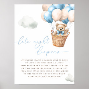 Teddy Bear Hot Air Balloon Blue Late Night Diapers Poster