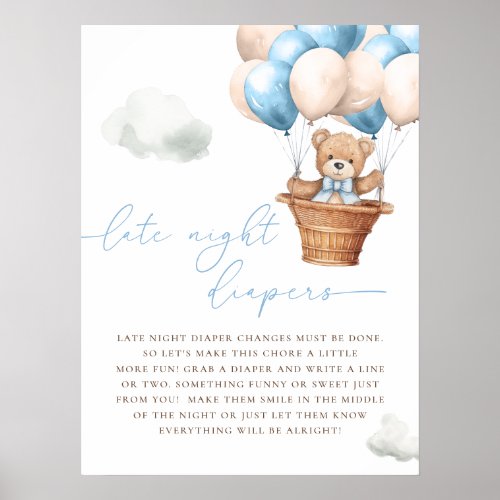 Teddy Bear Hot Air Balloon Blue Late Night Diapers Poster