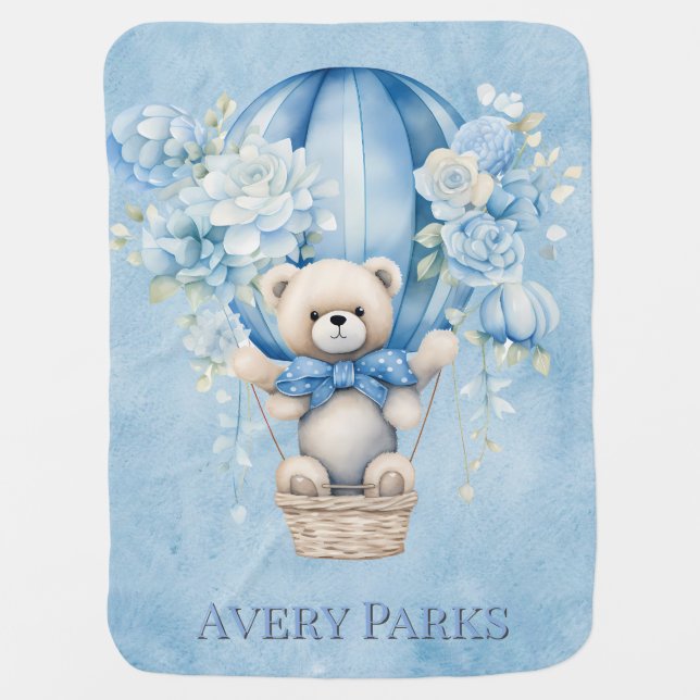 Teddy Bear Hot Air Balloon Boy Baby Shower Gift Baby Blanket (Front)