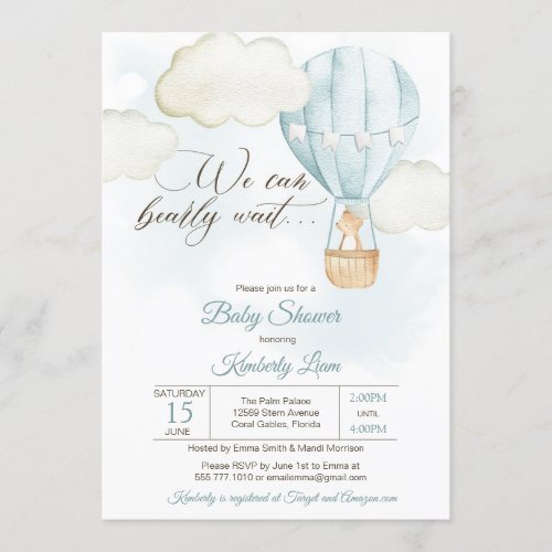 Teddy Bear Hot Air Balloon Boy Baby Shower Invitation