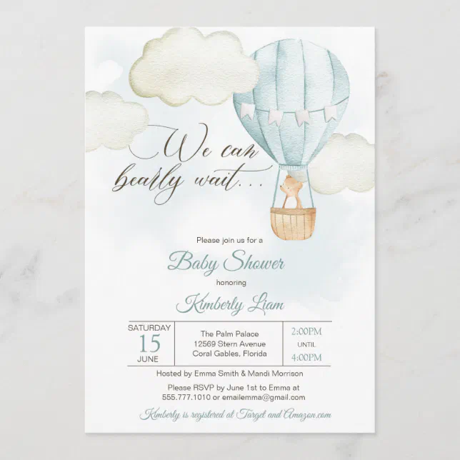 Teddy Bear Hot Air Balloon Boy Baby Shower Invitation | Zazzle