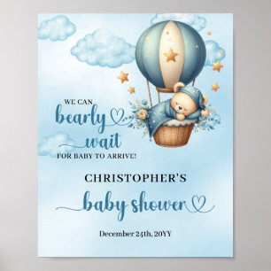 Teddy bear hot air balloon Boy Baby Shower welcome Poster