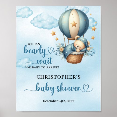 Teddy bear hot air balloon Boy Baby Shower welcome Poster