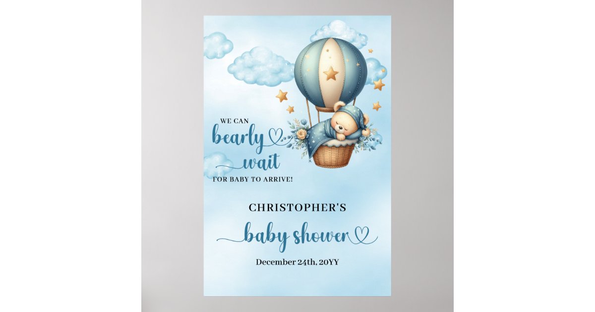 Teddy bear hot air balloon boy baby shower welcome poster | Zazzle