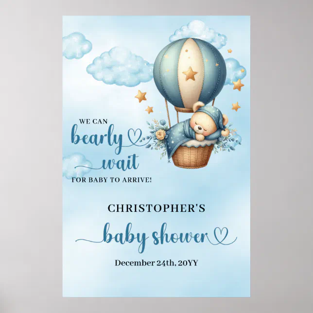 Teddy bear hot air balloon boy baby shower welcome poster | Zazzle
