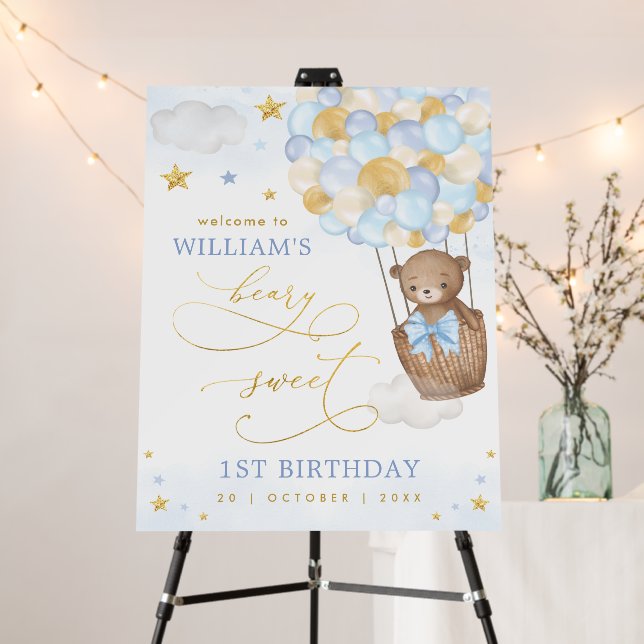Teddy Bear Hot Air Balloon Boy Birthday Welcome Fo Foam Board (In Situ (Stand))
