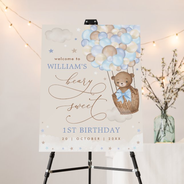Teddy Bear Hot Air Balloon Boy Birthday Welcome Foam Board (In Situ (Stand))