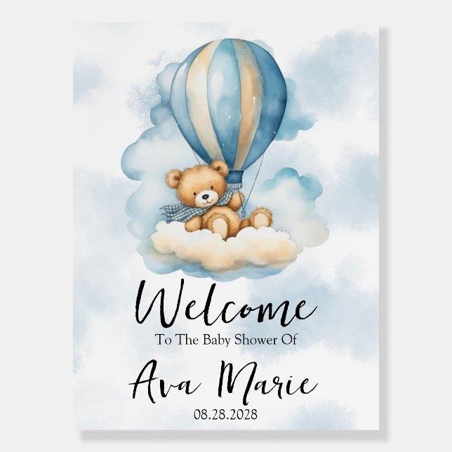 Teddy Bear Hot Air Balloon Boy Shower Welcome Sign (Front)