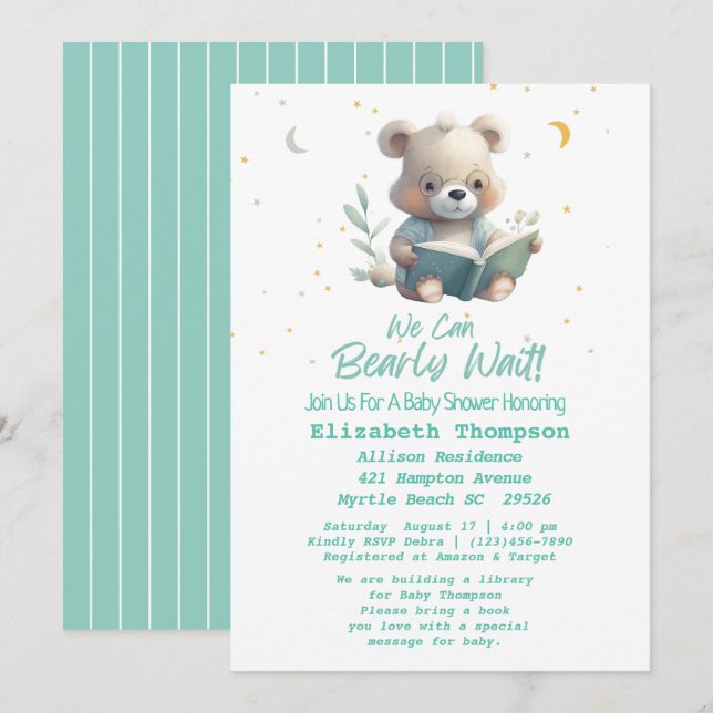 Teddy Bear Hot Air Balloon Bring a Book Baby   Invitation (Front/Back)