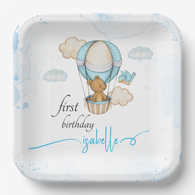 Teddy Bear Hot Air Balloon girl birthday  Paper Plates (Front)