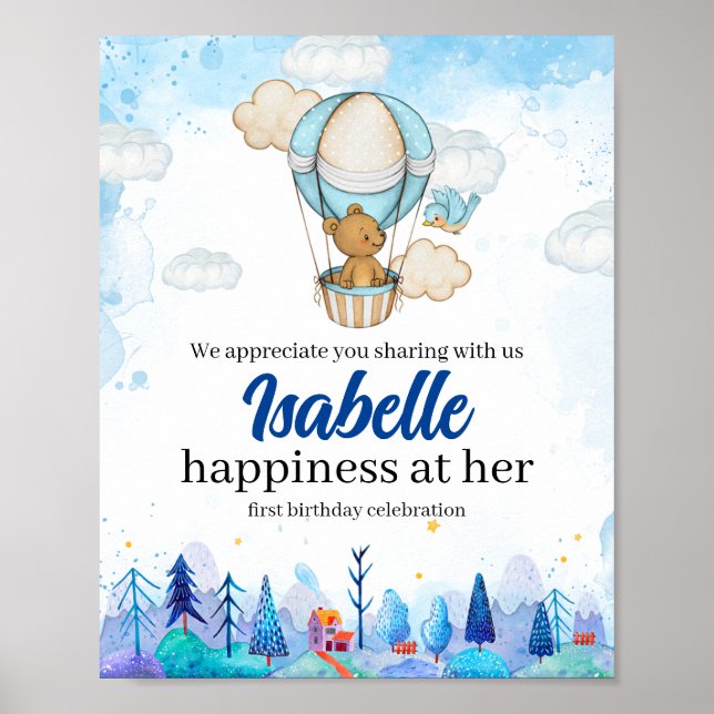 Teddy Bear Hot Air Balloon girl birthday Poster (Front)