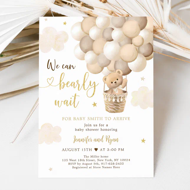 Teddy Bear Hot Air Balloon Gold Baby Shower Invitation | Zazzle