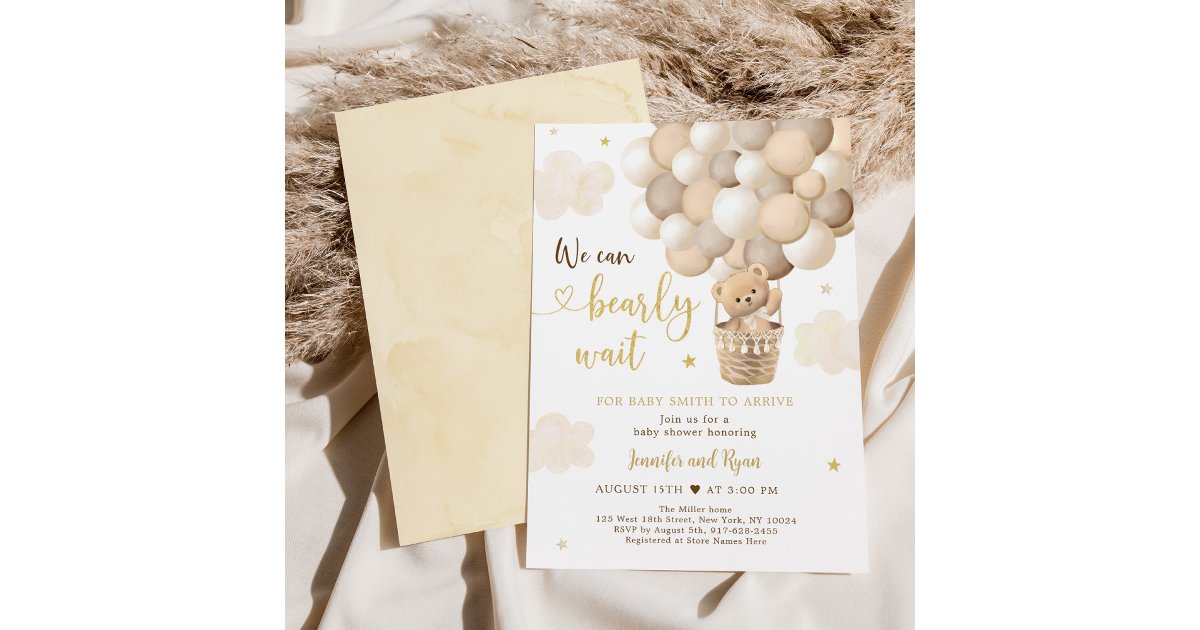 Teddy Bear Hot Air Balloon Gold Baby Shower Invitation | Zazzle