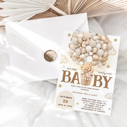 Teddy Bear Hot Air Balloon Neutral Baby Shower Invitation