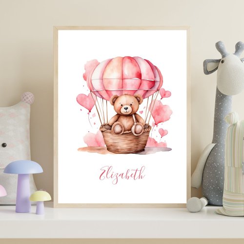Teddy Bear Hot Air Balloon Pink Baby Girl Nursery  Poster