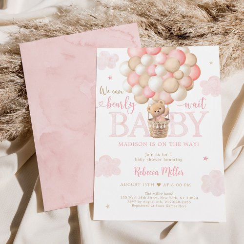 Teddy Bear Hot Air Balloon Pink Girl Baby Shower Invitation