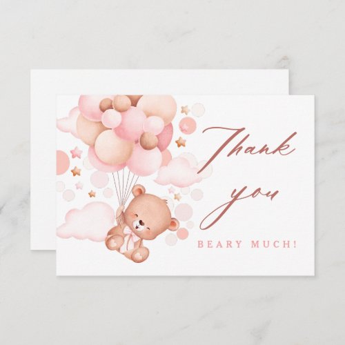 Teddy Bear Hot Air Balloon Pink Girl Flat Thank You Card