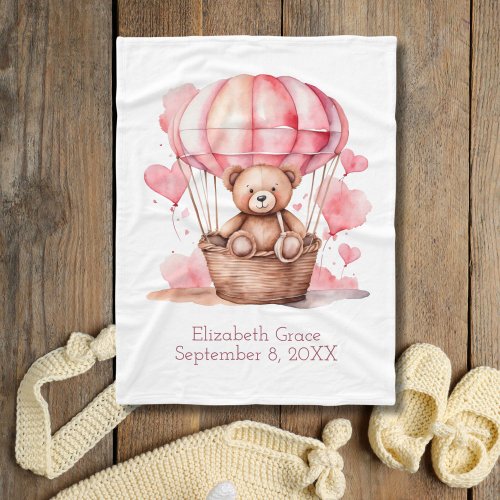 Teddy Bear Hot Air Balloon Pink Girl Gift Baby Fleece Blanket